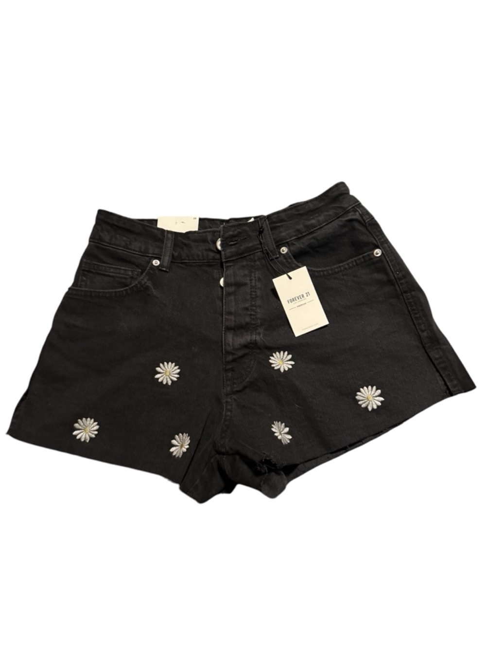 Forever 21 Black Denim Shorts with White Daisy Embroidery nwt sz 26
